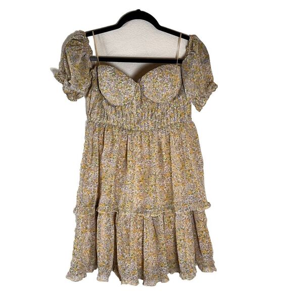 ASTR The Label Dress Womans Small Off Shoulder Two Tier Yellow Floral Multi Mini - Picture 1 of 8